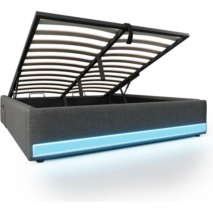 Futonbett mit LED-Beleuchtung, Aufbewahrung und Mehrfachsteckdose, 140x200 cm, Doppelbett ohne Kopfteil, Leinen – Bild 7
