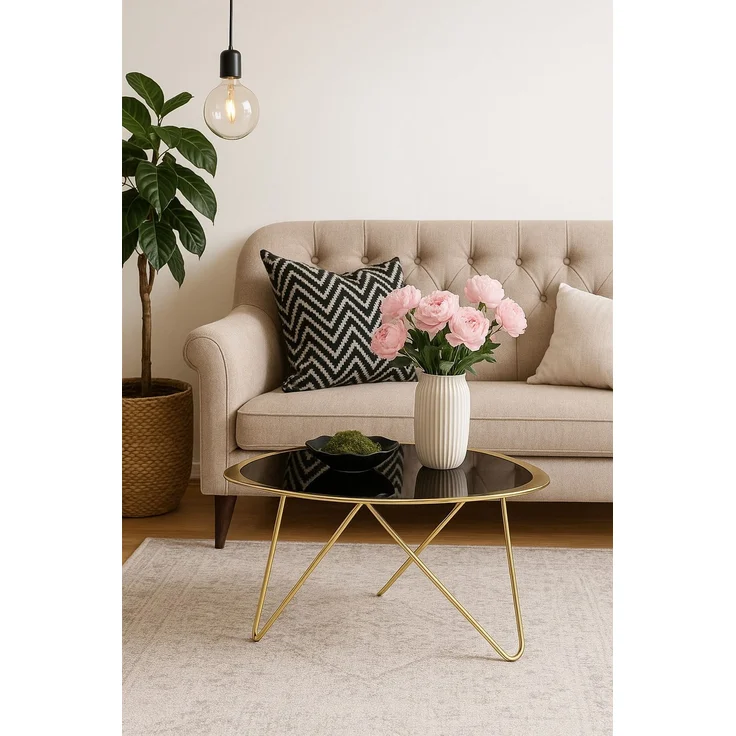 Couchtisch mit Schwarzglasplatte & goldfarbenem Metallgestell – modern & elegant – Bild 3