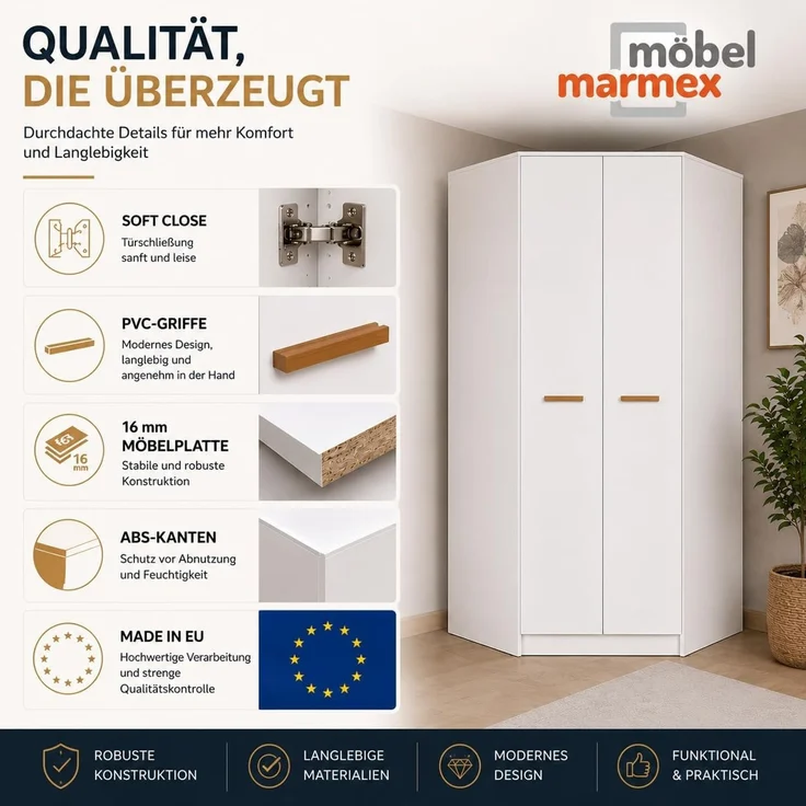 Marmex Möbel Grant 08N Eckkleiderschrank mit Kleiderstangen und Einlegeböden, laminierte Spanplatte, weiß, 91x195x91 cm – Bild 3