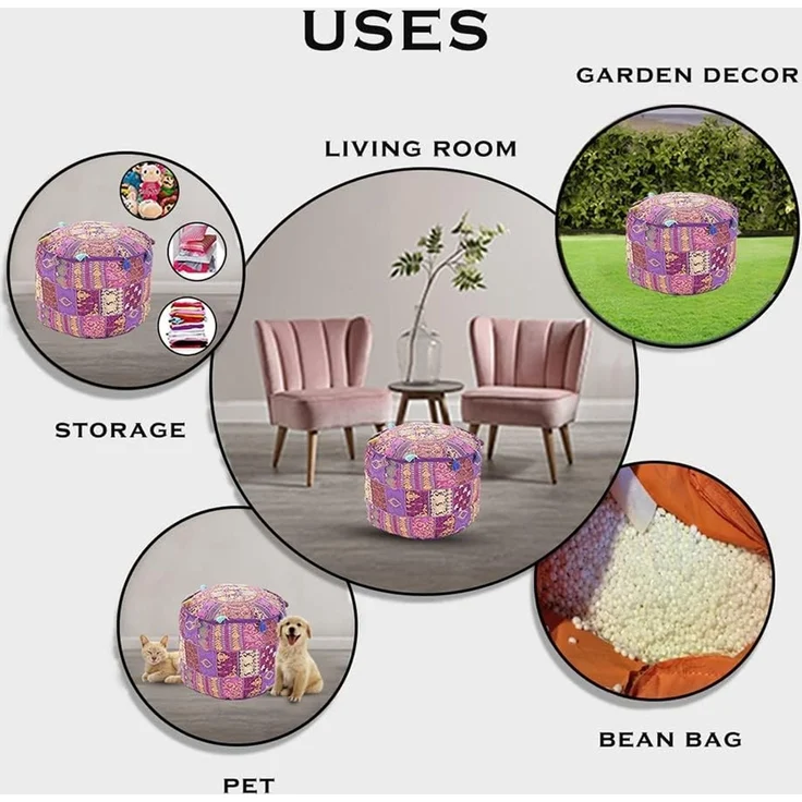 Aakriti Indian Pouf Fußhocker mit Stickerei Pouf, indische Baumwolle, Pouffe osmanischen Pouf Cover mit ethnischem Dekor Kunst - Cover (Purple, 46x33 cms) – Bild 5
