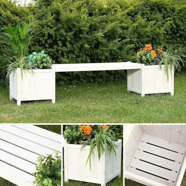 Gartenbank mit 2 Blumenkästen Garten Bank 2in1 Blumenkasten Holzbank weiß – Bild 7