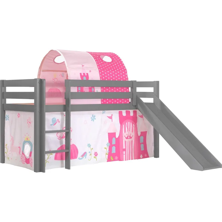 Vipack Spielbett 'Pino' inkl. Rutsche grau, mit Textilset Vorhang und Tunnel 'Princess'