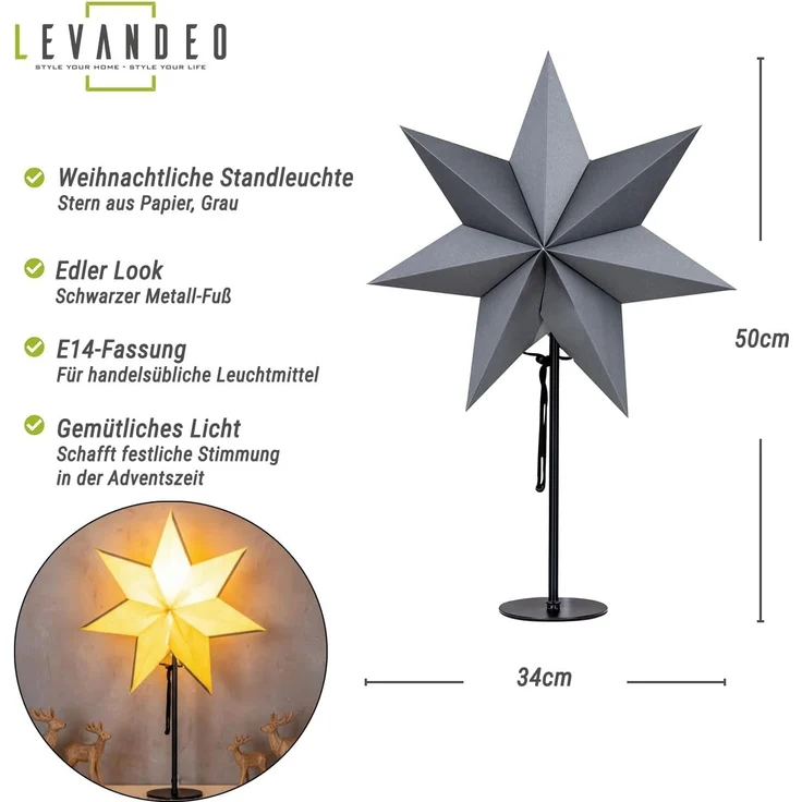 Levandeo® LED Stern, LED Stern Grau H50cm mit Standfuß Weihnachten Leuchtstern Tischdeko – Bild 2