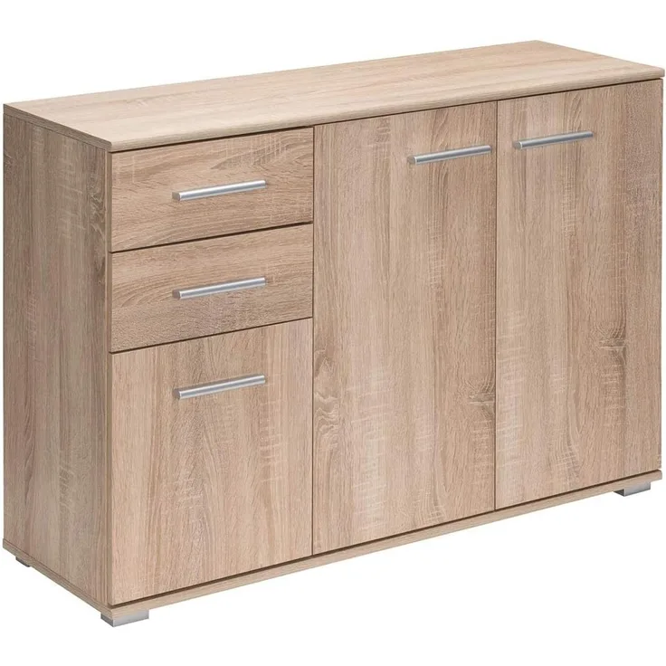 Deuba Kommode Alba mit 2 Schubladen 3 Türen 107 x 75 x 35 cm Holz Modern Flur Küche Sideboard Anrichte Beistellschrank Eiche