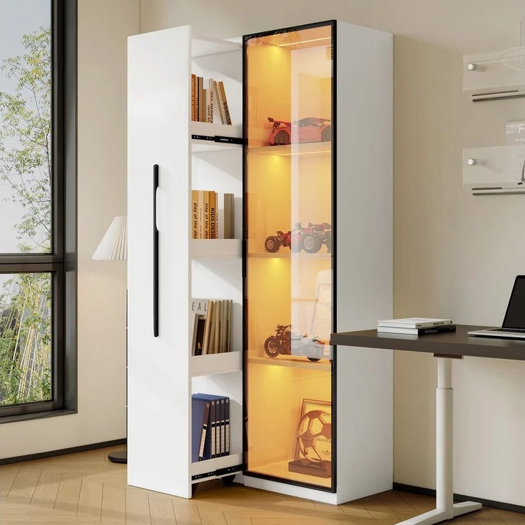 Merax Glasvitrine mit LED-Beleuchtung (70x40x160cm, 1-St, Bücherregal LED-Glasvitrine mit Aluminium-Türrahmen) Multifunktionsschrank Vitrine mit Glastür & seitliche Rollschublade – Bild 1