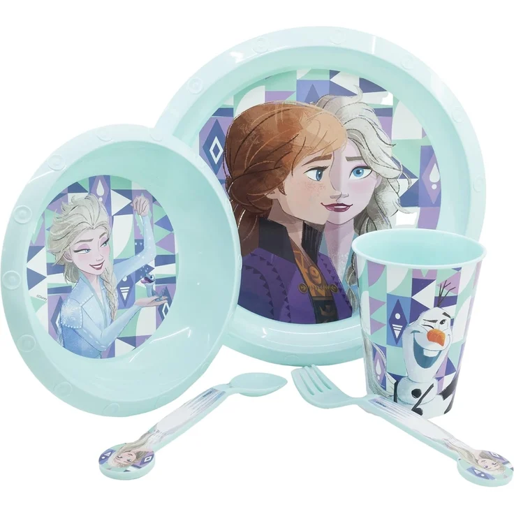 Kunststoff Kindergeschirr Set (5 tlg.) Schüssel, Teller, Becher & Besteck Disney Frozen – Bild 1