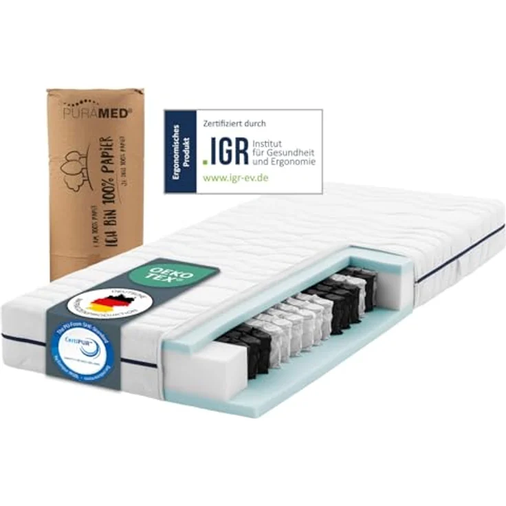PURAMED Taschenfederkernmatratze 90x200 cm | Härtegrad H3 | Höhe 20 cm | ergonomische 7-Zonen Matratze | waschbarer Mikrofaser-Bezug | Oeko-TEX® & CertiPUR Zertifiziert | produziert in Deutschland – Bild 2