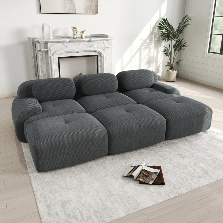 Modulares 3-Sitzer-Sofa mit 3 Hockern aus Cordstoff,montagefreie Lieferung haustierfreundlich ultra-breite Armlehnen 32D hochelastische Polsterung für Wohnzimmer und Heimkino,Cordstoff,Grey, – Bild 3