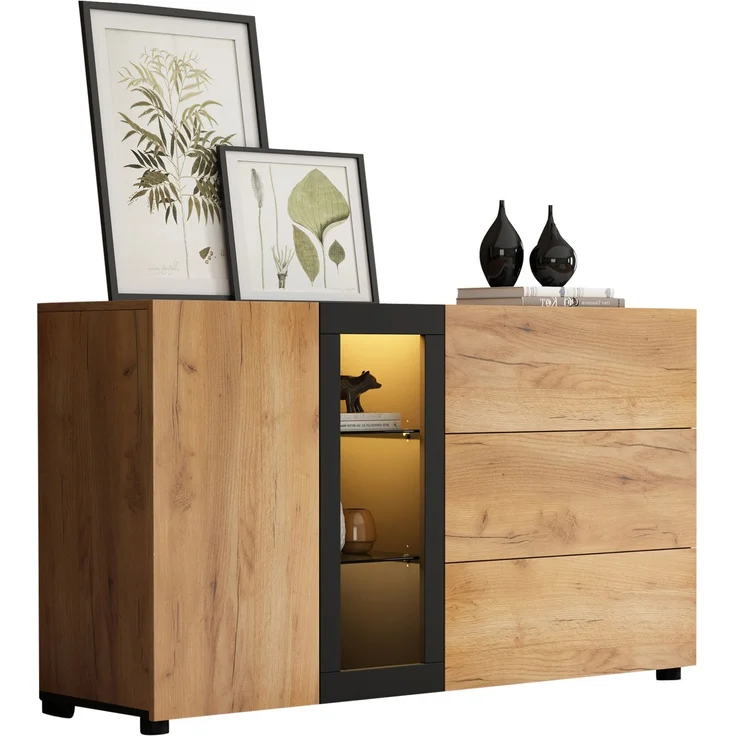 DESVIAE Sideboard mit LED-Beleuchtung und 3 Schubladen, 140x80x40 cm, Spanplatte, Braun/Schwarz – Bild 7