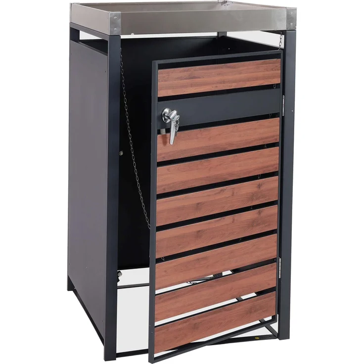 1er Mülltonnenverkleidung mit Pflanzkasten HWC-J81, erweiterbar, 125x68x80cm Metall 31kg, anthrazit ~ Kirsche-Holzoptik – Bild 9