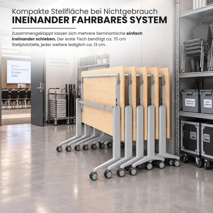 bümö Seminartisch klappbar fahrbar 140x80 cm Ahorn, Gestell silber - Klapptisch staffelbar, mit vier Doppelrollen Büro Schulungstisch, KFZ14-3-S – Bild 3