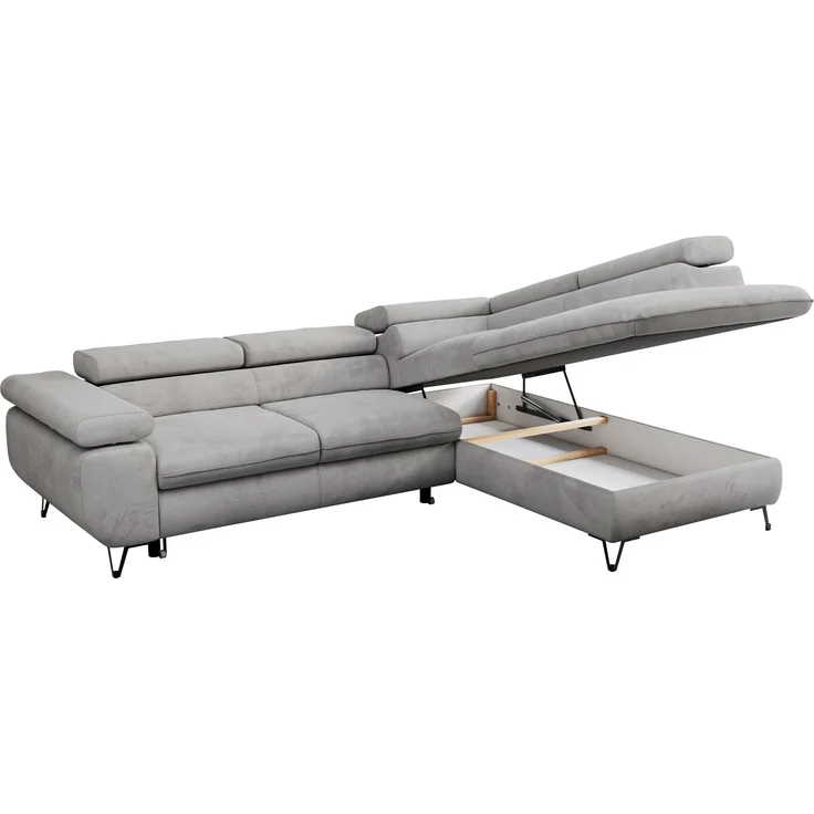 Mks Möbel 'Peter L-form' Ecksofa mit Bettfunktion, Bettkasten & einstellbaren Kopfstützen, Hellgrau, Velours, mit Topper, rechts – Bild 5