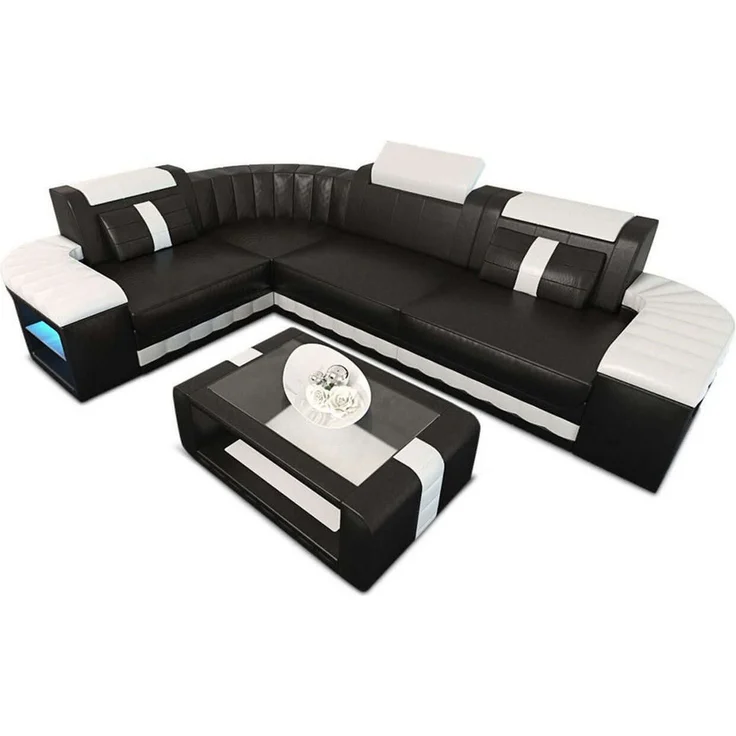 Mini Designersofa Leder Bergamo mit LED - Ledermix - Schwarz-Weiß - Links – Bild 1