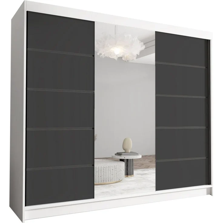 Schwebetürenschrank Netro VI 250 cm mit Spiegel - Groß Kleiderschrank, Schiebetürenschrank mit Kleiderstange und Einlegeboden, Schlafzimmerschrank, Schiebetüren, 250x215x58 cm (Weiß/Schwarz) – Bild 1