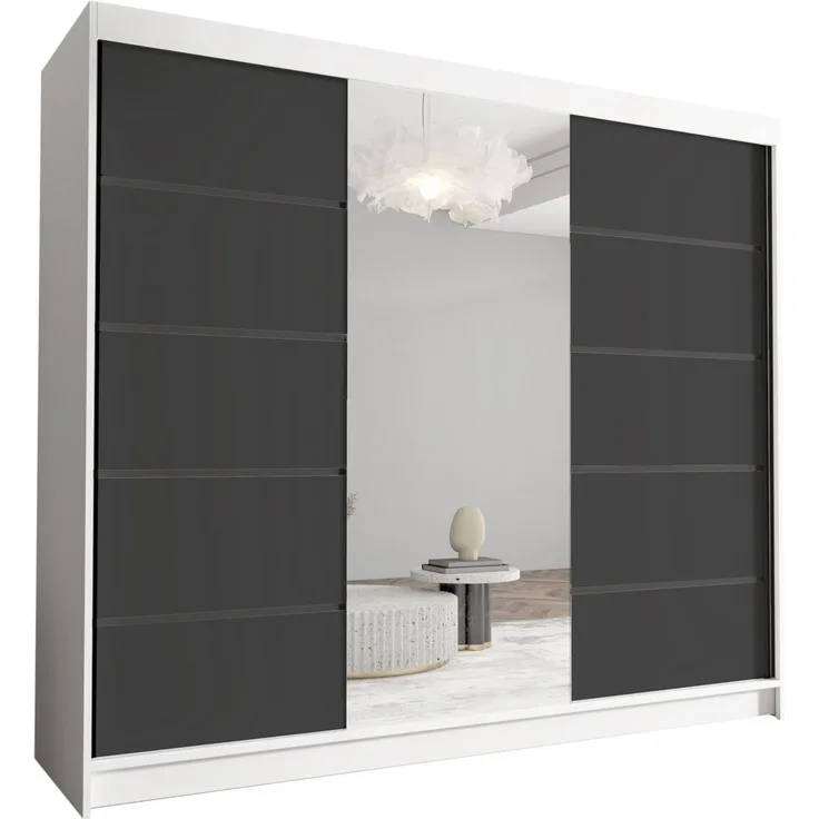 Schwebetürenschrank Netro VI 250 cm mit Spiegel - Groß Kleiderschrank, Schiebetürenschrank mit Kleiderstange und Einlegeboden, Schlafzimmerschrank, Schiebetüren, 250x215x58 cm (Weiß/Schwarz)