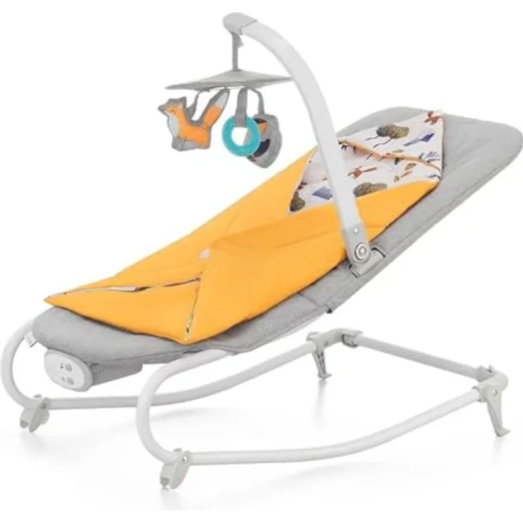 KinderKraft Felio 2 Babywippe, Wippe und Schaukel mit 8 Melodien, beruhigenden Vibrationen und Moskitonetz, Forest Yellow