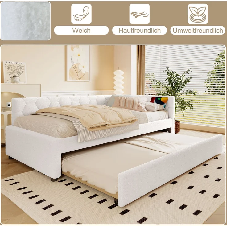 Daybett, 90*200cm Tagesbett, Schlafsofa, Bett mit Lattenrost (ohne Matratze), mit Nachttischlampe, mit multifunktionalem Ausziehbett, USB-Anschluss, Typ-C, Komfortmaterial, Boucle, Weiß – Bild 3