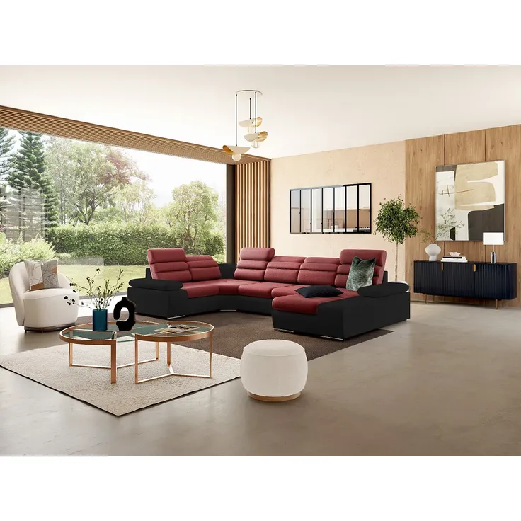 Wohnlandschaft mit Schlaffunktion BOILEAU - Ecke Rechts - Rot & Schwarz