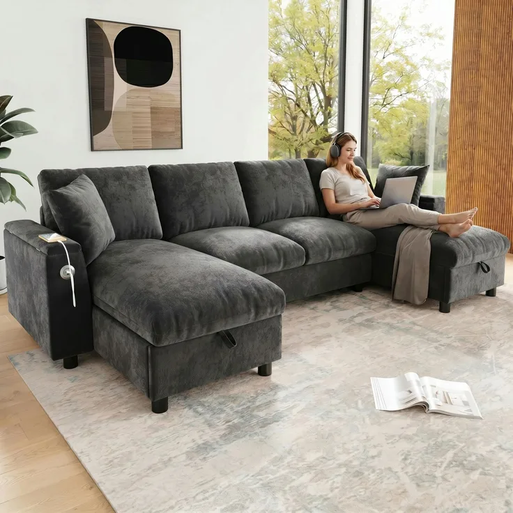 Chenille-U-Sofa mit 2 Stauraum-Chaiselongues, USB und USB-C, gepolsterte modulare Wohnlandschaft 279 cm mit Taschenfederkern, Grau