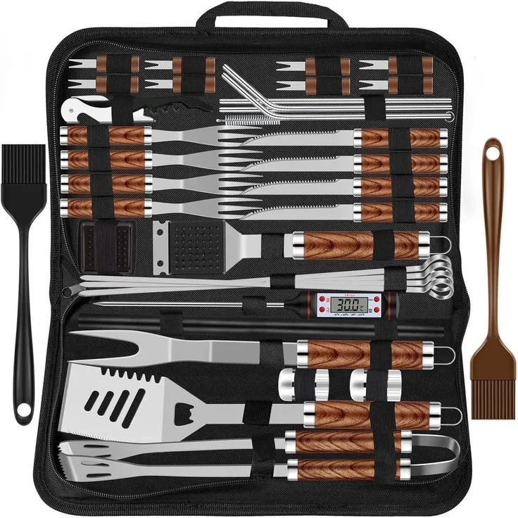 LuxusKollektion Grillbesteck-Set, 38-teilig, Edelstahl silber / Holz natur