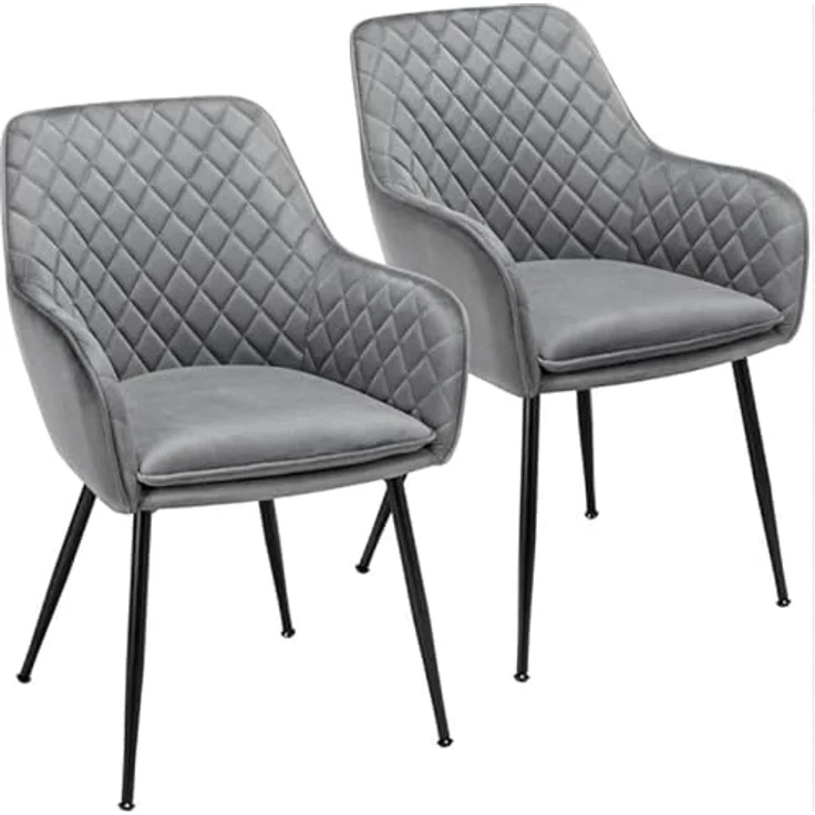 Yaheetech Esszimmerstühle 2er Set Küchenstühle, Polsterstühle mit Armlehnen Metallbeine, Seesel aus Samtstoff für Arbeitszimmer/Wohnzimmer, Hellgrau – Bild 2