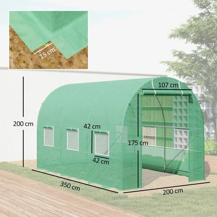 MELAYR, Gewächshaus 350x200x200cm Foliengewächshaus Tomatenhaus mit Tür, 6 Fenster, Grün – Bild 5