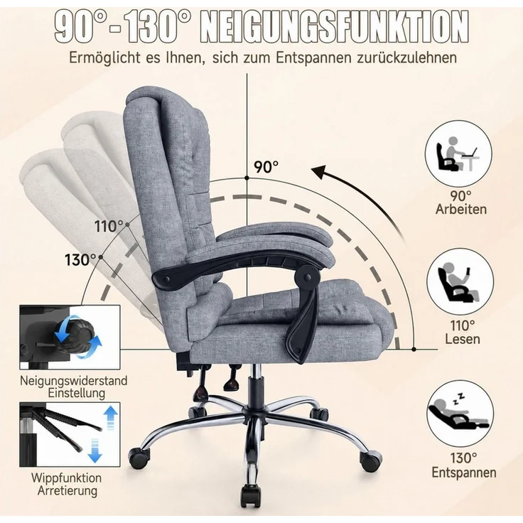 ZAISZE Chefsessel Bürostuhl, Ergonomischer Bürostuhl, Stoff Schreibtischstuhl (Hohe Rückenlehne Ergonomische Liege mit Kippfunktion 360° Drehbarer Schreibtischstuhl, Gaming Stuhl mit dickem Kissen), Chefsessel Drehstuhl, Höhenverstellbar für Zuhause un... – Bild 4