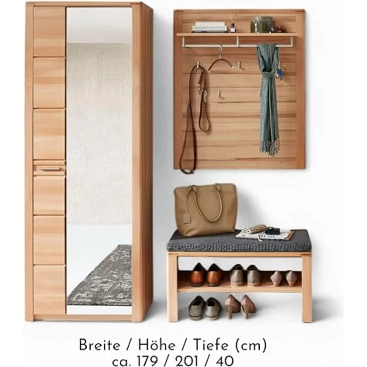 Stella Trading Nature ONE Flurgarderoben Set in Kernbuche Teil-massiv FSC-Zertifiziert - Modernes Garderobenset 3-teilig für Ihren Eingangsbereich - 179 x 201 x 40 cm (B/H/T) – Bild 6