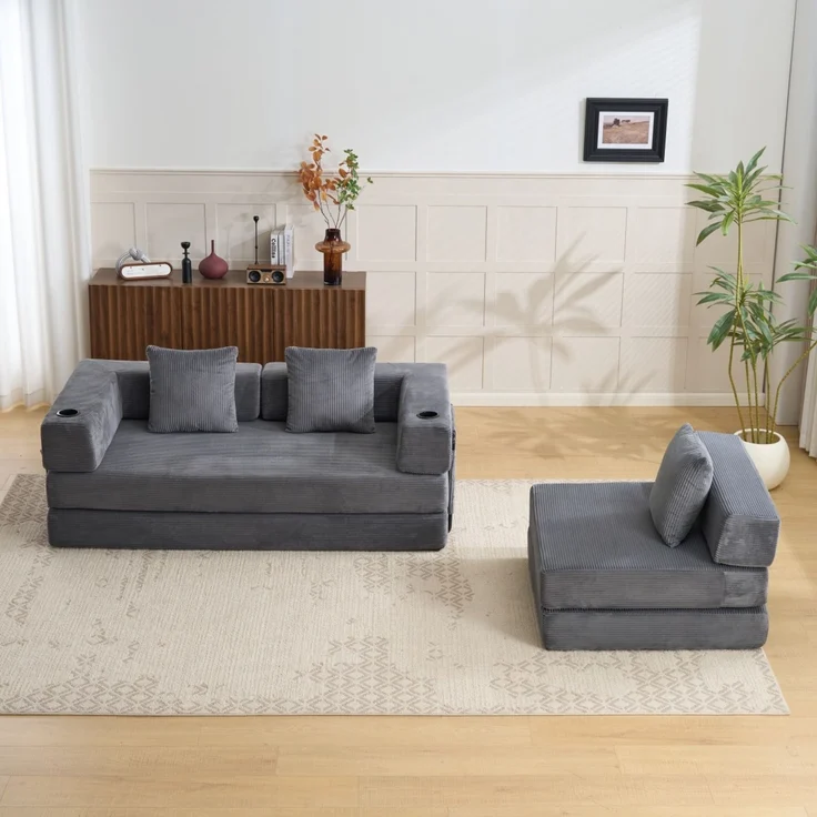 Schlafsofa aus Cord für bodennahes Sitzen, faltbar, Dunkelgrau，H 60 x T 277.5 x B 92.5 cm – Bild 3