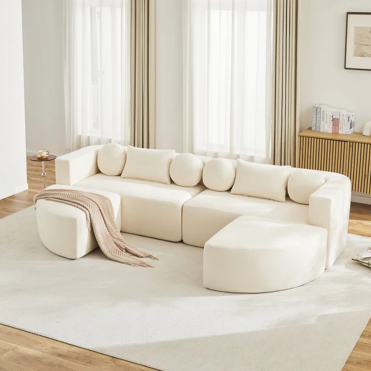 Merax 4-Sitzer Sofas, 292cm Modulare Sofa, Modulare Schlafcouch mit Schlaffunktion, Vollkomprimierte Cloud Couch, Chenille, Ohne Montage, Beige – Bild 2