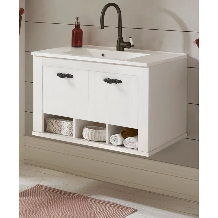 Waschbeckenunterschrank mit Waschbecken Rovola in Pinie weiß Landhaus 80 cm