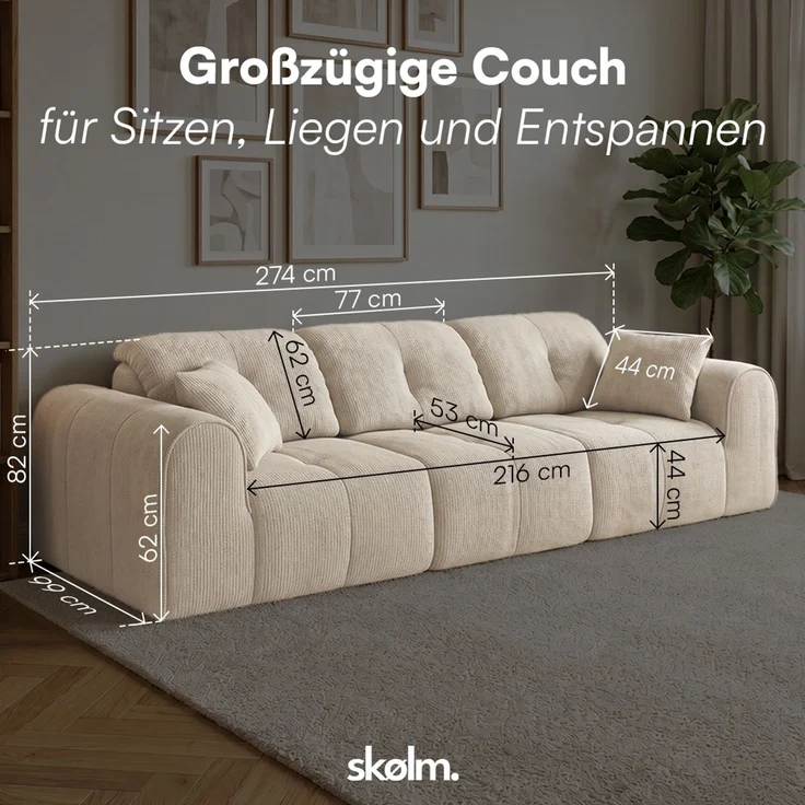 skølm 'Vanaheim' Sofa 3 Sitzer mit 2 Kissen, Cloud Sofa beige, Chenille-Stoff, Vollschaumcouch mit Federkern und Vakuum-Kompression, kein Aufbau erforderlich – Bild 8