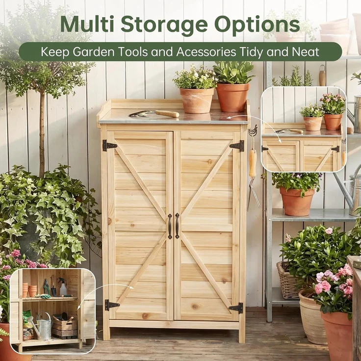Aoxun Gartenschrank Holz, Pflanztisch mit Geräteschrank Schrank, Doppeltür, Seitenhaken und verstellbarem Regal, Gerätehaus, Gartenschuppen für Garten Terrasse, 64 x 40 x 95cm, Burlywood – Bild 6