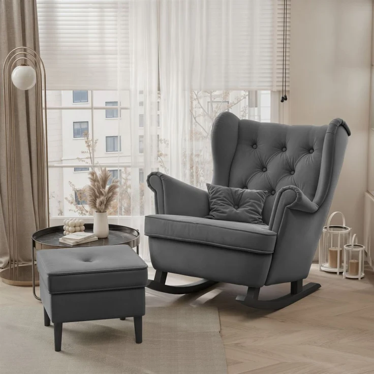 Schaukelsessel Ohrensessel Sessel NINON inkl. Hocker in Stoff Trinity Dunkelgrau – Bild 2