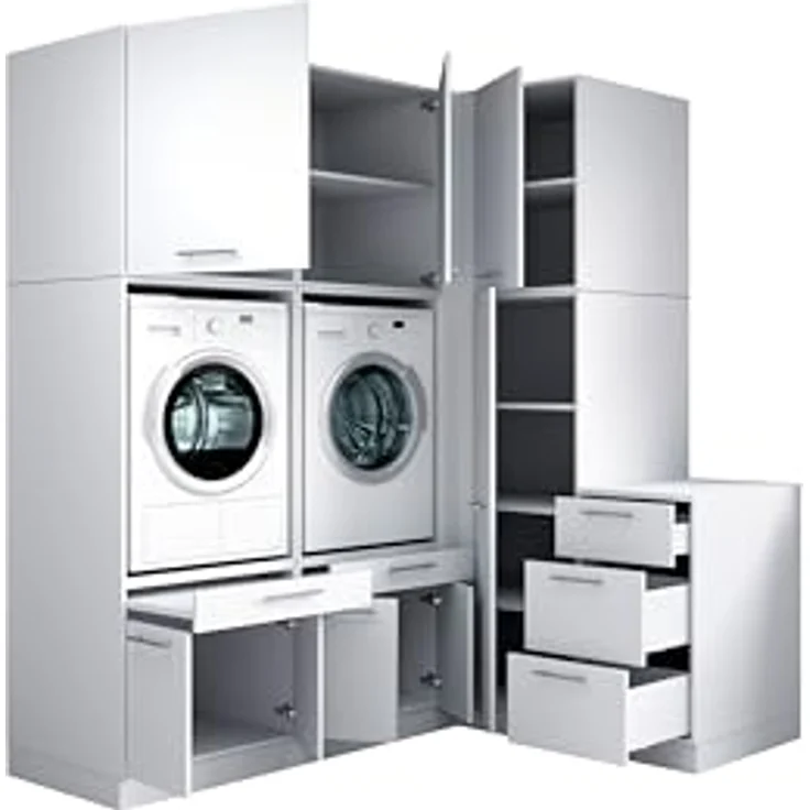 Laundreezy Waschraum Komplett-Set, Weiß - Modulares Schranksystem für Waschküche & Hauswirtschaftsraum - 203 x 238 x 68 cm (B/H/T) – Bild 4