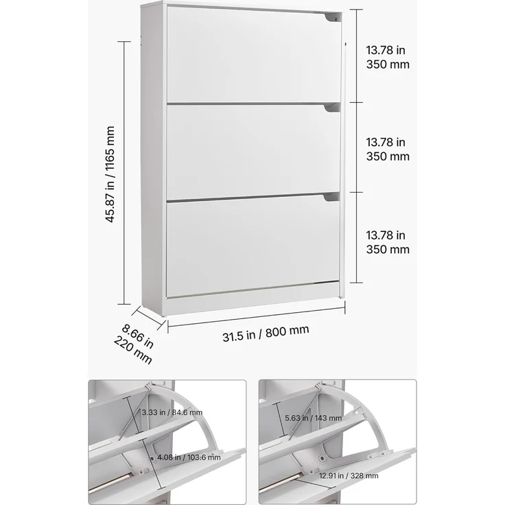 VEVOR Schuhschrank mit 3 Klappen, platzsparender Schuhkipper, freistehender Schuhregal-Organizer für den Eingang Flur Wohnzimmer Veranda, modernes Schuhregal 800 x 220 x 1165 mm Weiß – Bild 3