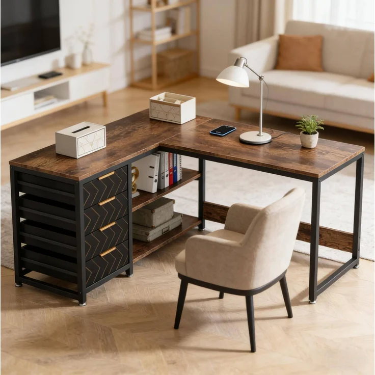 Eckschreibtisch aus Holzwerkstoff mit 4 Schubladen und Regal, 150x110x75 cm, Schwarz/Rustikales Braun – Bild 2