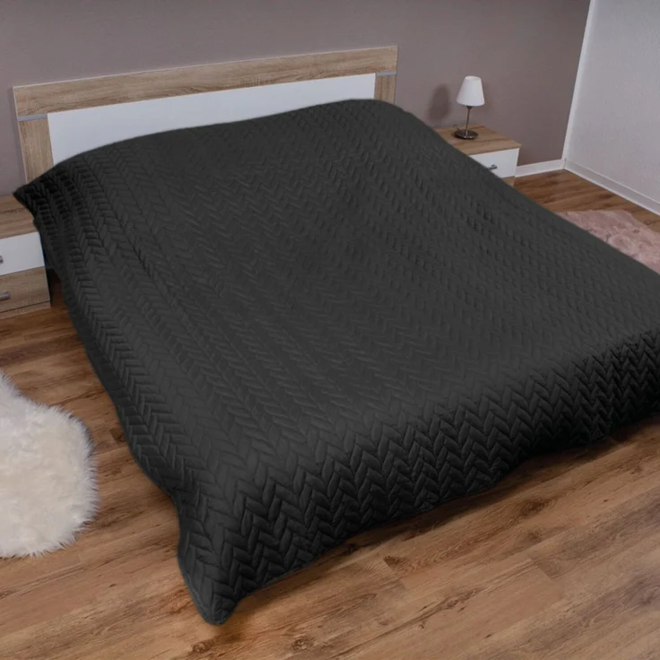 Tagesdecke XL (140x210 cm) mit wattierter Zwischenlage (Schwarz) Bettüberwurf - ÖKO-Tex 100, Sommerdecke gesteppt - Steppdecke, Wendedecke – Bild 1