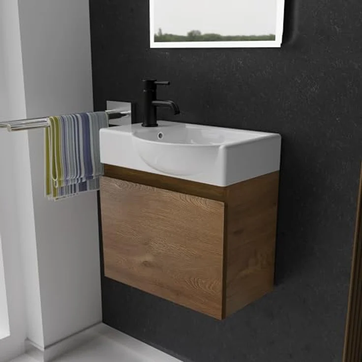 Alpenberger Badmöbel-Set - Gäste WC Waschbecken mit Unterschrank 45 cm Breit, (Badschrank 2-tlg, Waschtisch hängend), Waschbeckenunterschrank mit Softclose - Farbe Eiche - Rechts Becken – Bild 2