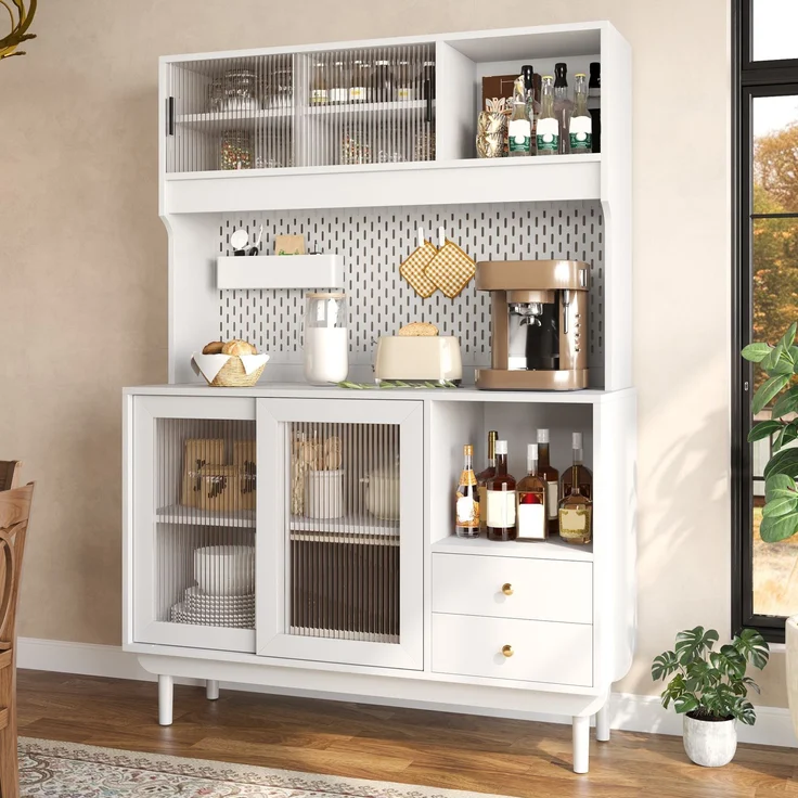 DESVIAE Sideboard Weiß aus MDF/Spanplatte – 117x170x30 cm – Riffelglas-Schiebetüren – Bild 2