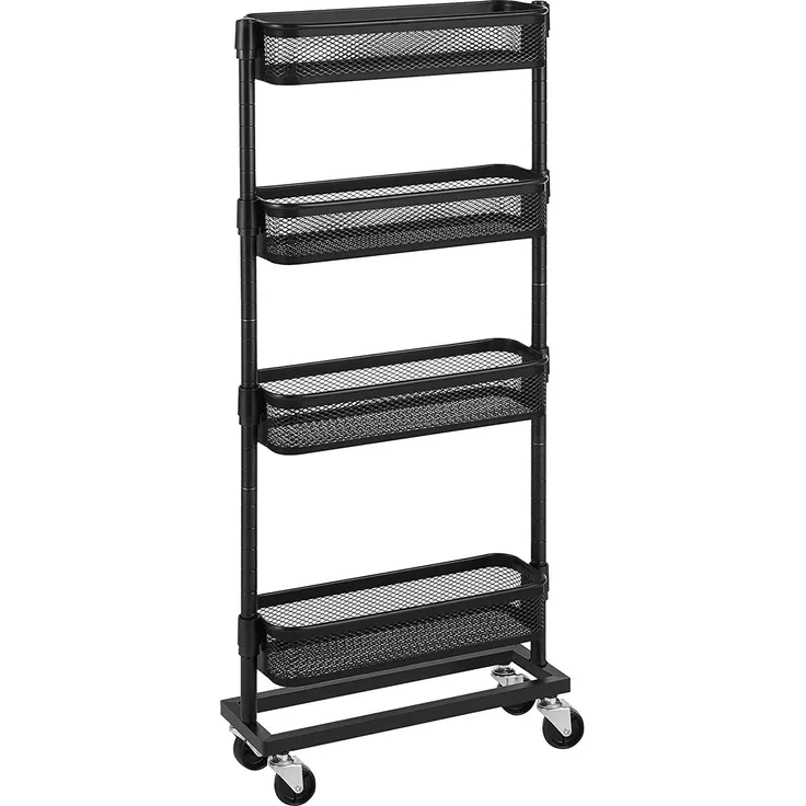 Songmics Rollwagen mit 4 Ebenen, Nischenregal, Küchenwagen, Badregal, Küchenregal, platzsparend, einfacher Aufbau, Küche, Büro, Badezimmer, Wohnzimmer, schwarz BSC065B01