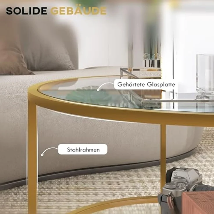 HOMCOM Beistelltisch mit Stauraum, aus gehärtetem Glas mit Stahlrahmen (Couchtisch, 1-St, Nachttisch), für Wohntimmer, Gold – Bild 5