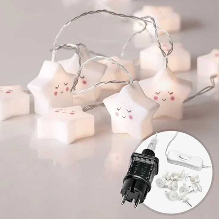 COZY HOME LED-Lichterkette Sternen Batterie und Stecker, 20 LED I 5m I Warmweiße LED-Stern Lichterkette I Kinderbett Bunt Deko – Bild 2