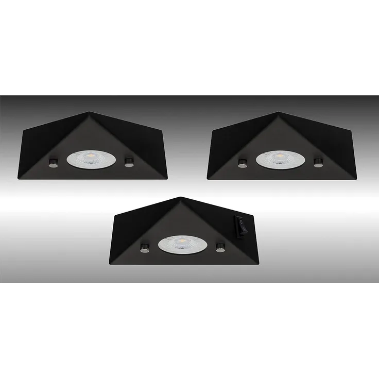TRANGO LED Unterbauleuchte, 3er Set 6740-35 LED-Küchenunterbauleuchte aus Edelstahl in Matt-Schwarz *COOK* LED Einbauleuchte - Einbaustrahler inkl. 3x 4,8 Watt LED Modul 3000K warmweiß - direkt 230 Volt - beliebig erweiterbar, Schalter - Dreieckleuchte...