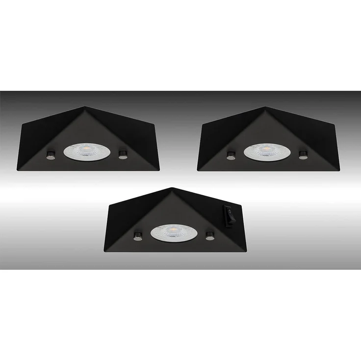 TRANGO LED Unterbauleuchte, 3er Set 6740-35 LED-Küchenunterbauleuchte aus Edelstahl in Matt-Schwarz *COOK* LED Einbauleuchte - Einbaustrahler inkl. 3x 4,8 Watt LED Modul 3000K warmweiß - direkt 230 Volt - beliebig erweiterbar, Schalter - Dreieckleuchte...
