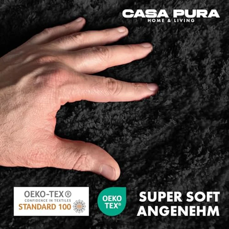 casa pura Badematte Schwarz, Flauschiger Badezimmerteppich in Shaggy Optik, Rutschfest und Waschbar, Mikrofaser, 50x80cm, Sky Soft – Bild 1