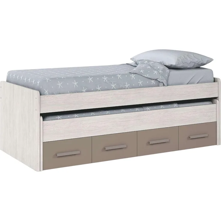 Dmora - Kinderbett Spokane, Bettgestell für Schlafzimmer, Einzelbett mit ausziehbarem Bett und 4 Schubladen, 198 x 96 x 69 cm, Weiß und Braun
