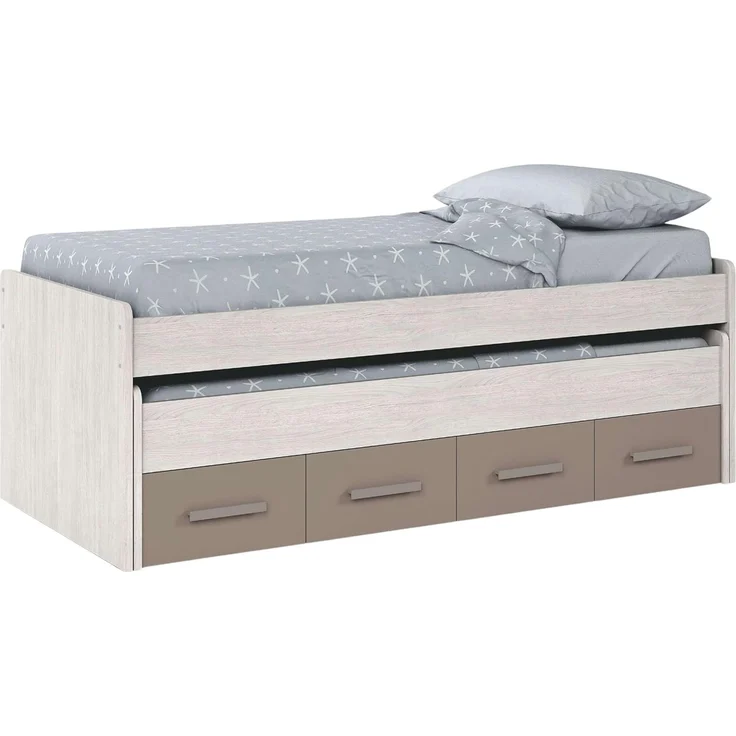 Dmora - Kinderbett Spokane, Bettgestell für Schlafzimmer, Einzelbett mit ausziehbarem Bett und 4 Schubladen, 198 x 96 x 69 cm, Weiß und Braun