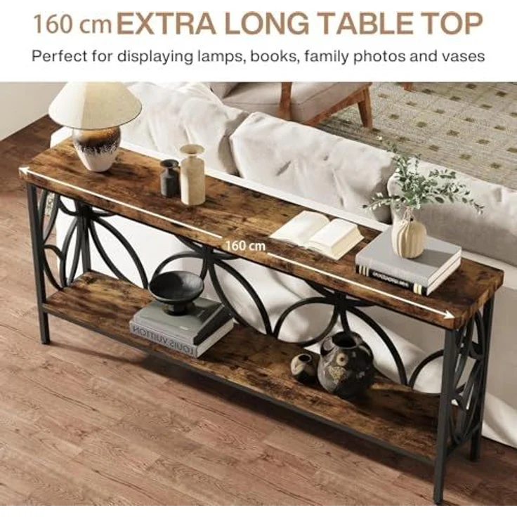 LITTLE TREE Sofatisch, 160 cm großer Industrie-Couchtisch hinter dem Sofatisch mit Aufbewahrungsregalen, schmaler Langer Konsolentisch für den Eingangsbereich, Wohnzimmer, Foyer, Flur, Büro – Bild 7