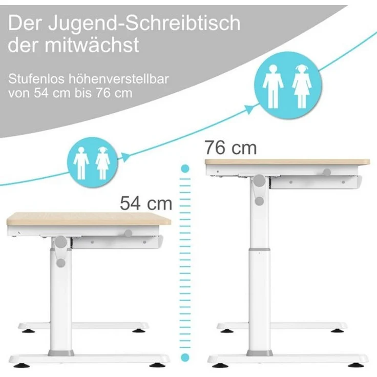HOKO Kinderschreibtisch Ergo Jugend Schreibtisch höhenverstellbar 54-76 cm, 100x60 cm (ergonomischer Computertisch mit neigbarer Tischplatte (0-50) & Schublade, stabil & belastbar bis 100 kg, Weiß, Holzfarben) – Bild 4